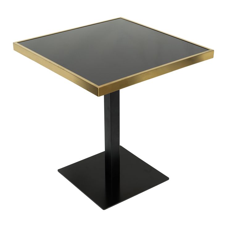 a black and gold square table with a metal base on an isolated white background,