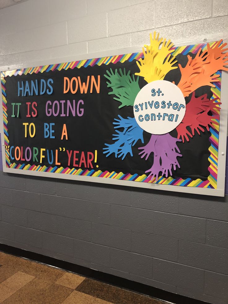 a bulletin board on the wall in a school hallway that says hands down it is going to be a colorful year