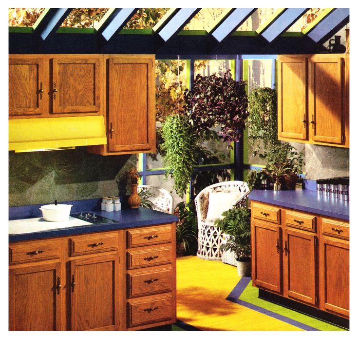 an image of a kitchen setting with wood cabinets and blue counter tops, potted plants on the window sill