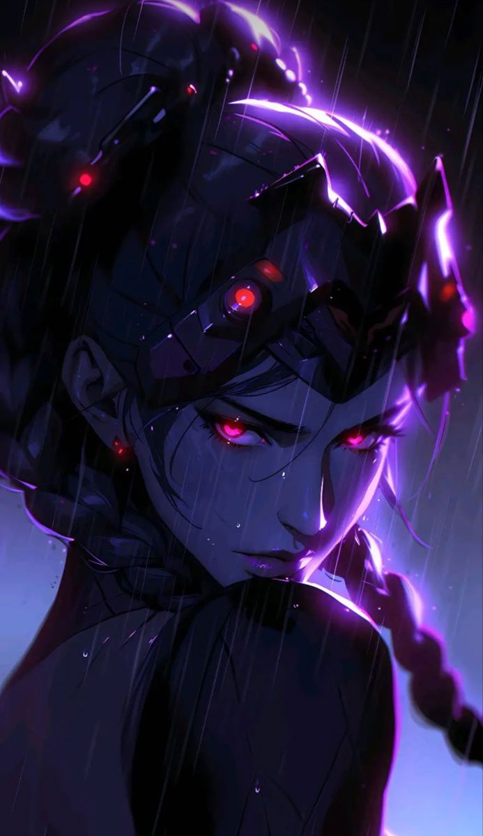 an anime character with red eyes and purple hair, standing in the rain under lightning