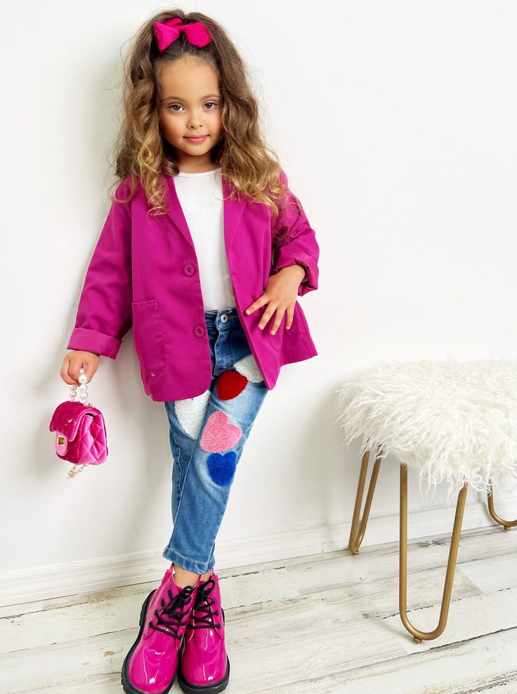 It’s time to level up her outfit with a striking pink blazer that will give her boss-girl vibes. Featuring a sophisticated look, this fashionable outerwear will have your little trendsetter walking with confidence! Made with high-quality material that doesn’t easily wrinkle, keeping her looking pretty and polished all day long. Button and pocket details add extra style points Perfect for fall, winter, casual days, outdoor strolls, holiday events, and fashion photoshoots Long-sleeve pink blazer jacket with pockets Jacket available in sizes for toddlers and little girls Cute Little Kid Outfits Girl Style, Girls Spring Outfits Kids, Girls Fall Jacket, Girls Jean Jacket, 10 Winter Outfits, Pink Jacket Blazer, Preschool Girl, Girls Denim Jacket, Moda Jeans