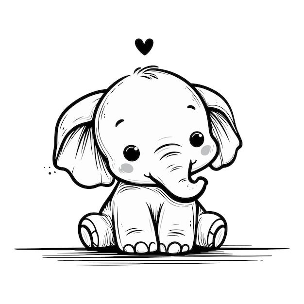 an elephant sitting on the ground with a heart above it's head, in black and white