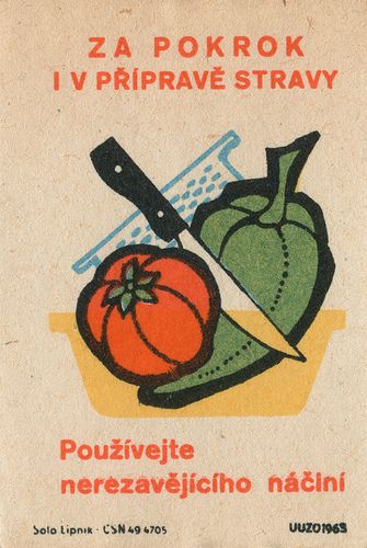 an old book with a knife and tomato on the cover, which reads za pokrok iv priprave stravy