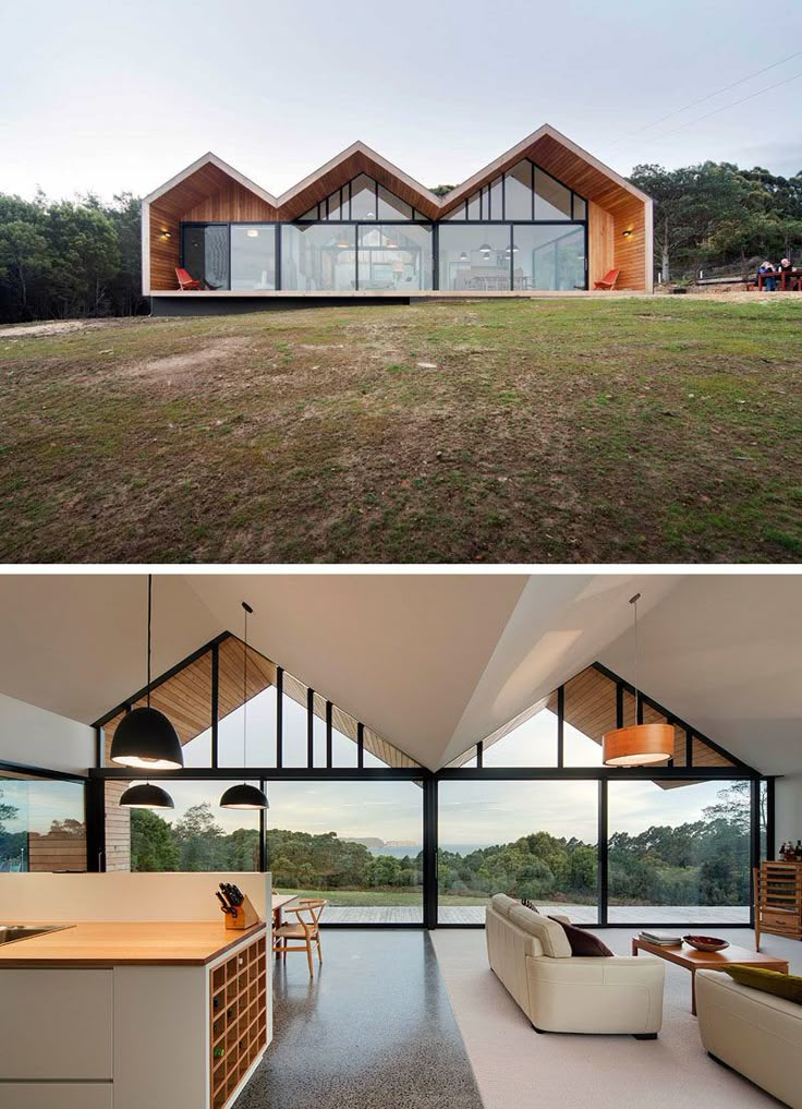 this modern house has an open floor plan and is surrounded by large windows that look out onto the countryside