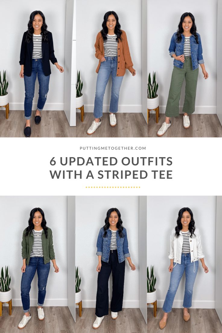 Updated Outfits With a Striped Tee Updated Outfits, Stripe Tee Outfit, Outfits With Striped Shirts, Full Closet, Capsule Wardrobe Casual, Wardrobe Sets, Timeless Outfits, Stripe Outfits, Smart Casual Outfit