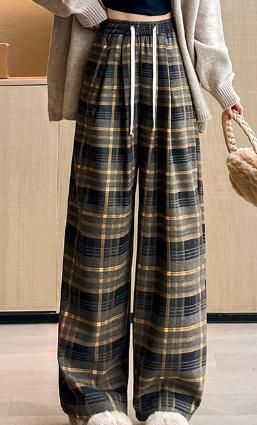 Regular Fit Wide Leg Pants Casual High Waist Plaid Bottoms, Casual Plaid Pants For Spring, Casual Plaid Bottoms For Spring, Casual Plaid Wide Leg Pants, Casual Plaid Wide Leg Pants For Fall, Casual Plaid Pants For Fall, Casual Plaid Bottoms For Fall, Casual Plaid Long Pants, Casual High Waist Plaid Pants