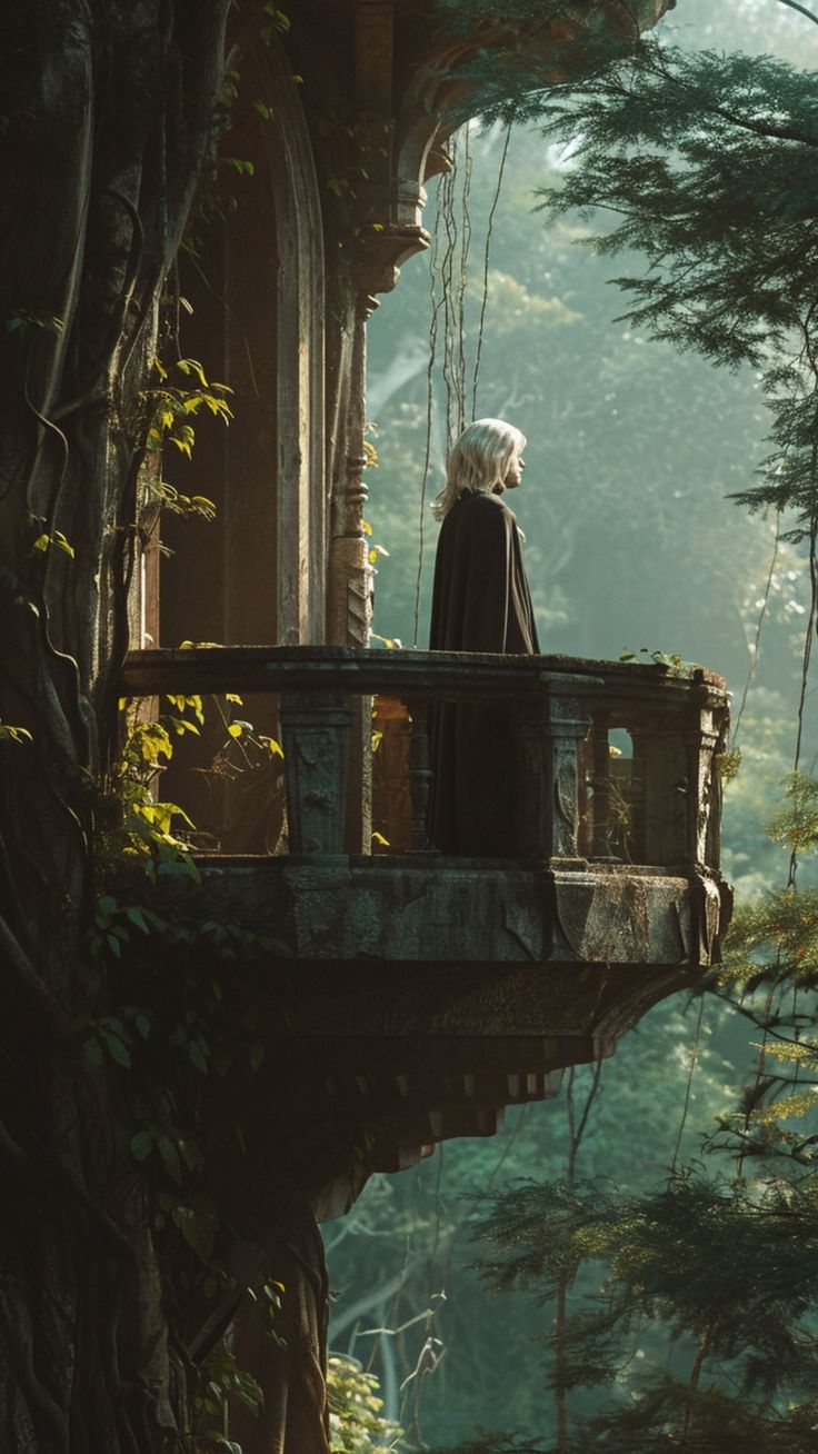 a man standing on top of a tree covered bridge