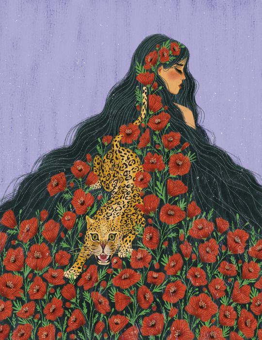 a painting of a woman with flowers and a leopard