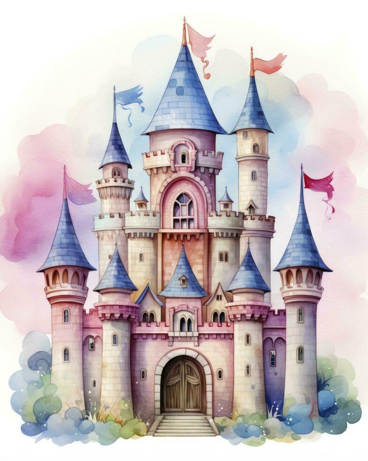 a watercolor painting of a pink castle with blue turrets and flags on it's roof