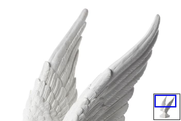 two white angel wings on a white background with blue square in the middle and bottom corner