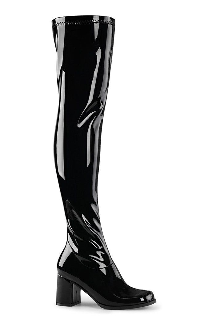 GOGO-3000 Black Stretch Patent Thigh High Boots-Funtasma-Tragic Beautiful Park Ranger, Knee Boot, Tour Outfits, Us Man, Gotham City, Thigh High Boots, Black Stretch, Thigh High, Womens Heels