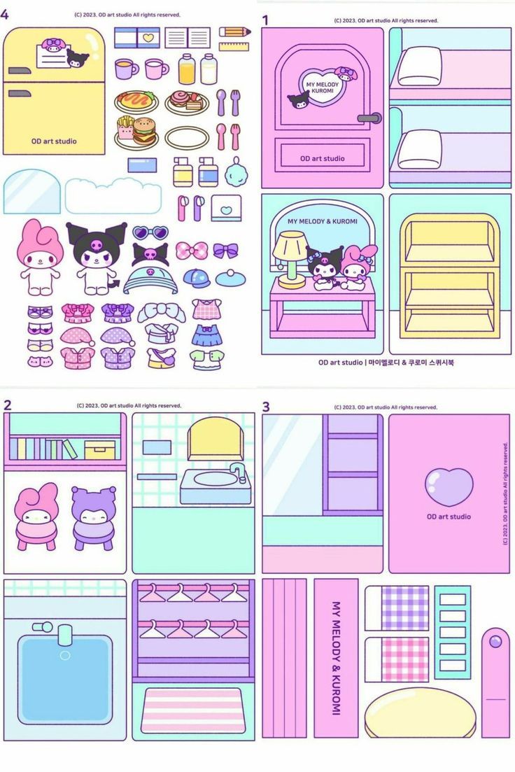 a paper doll house with furniture and accessories in pink, blue, and yellow colors