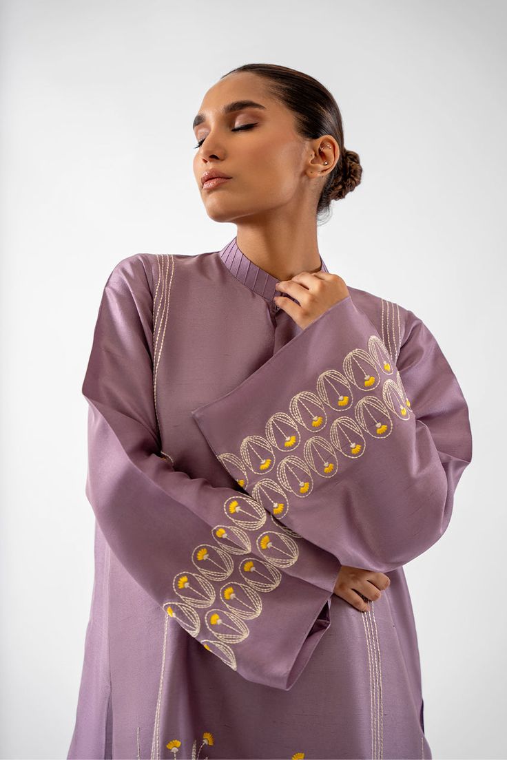 Namra – Sania Maskatiya International Raw Silk Palazzo Set With Straight Kurta For Spring, Spring Raw Silk Palazzo Set With Straight Kurta, Spring Palazzo Set In Raw Silk With Straight Kurta, Spring Palazzo Set With Straight Kurta In Raw Silk, Purple Silk Palazzo Set With Straight Kurta, Traditional Palazzo Set With Embroidered Border For Spring, Elegant Straight Kurta Tunic With Floral Embroidery, Spring Cotton Silk Sets With Embroidered Border, Silk Tunic Sets For Wedding