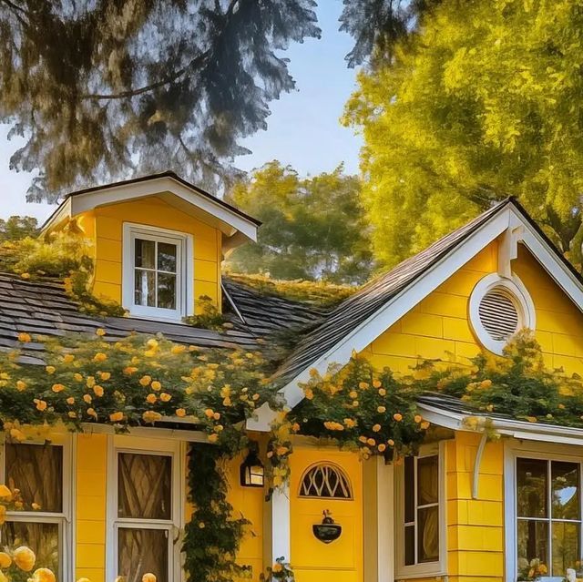 a yellow house with flowers growing on the roof