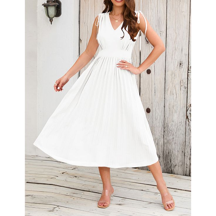 White V Neck Sleeveless Pleated Casual Dress Women Dresses Casual, Casual Dress Women, White Dress Party, Sleeveless Long Dress, Elegant Dresses Long, Trends 2024, Long Summer Dresses, Evening Party Dress, Evening Dresses Long