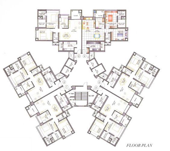 the floor plan for an apartment building with multiple floors and several rooms in each area