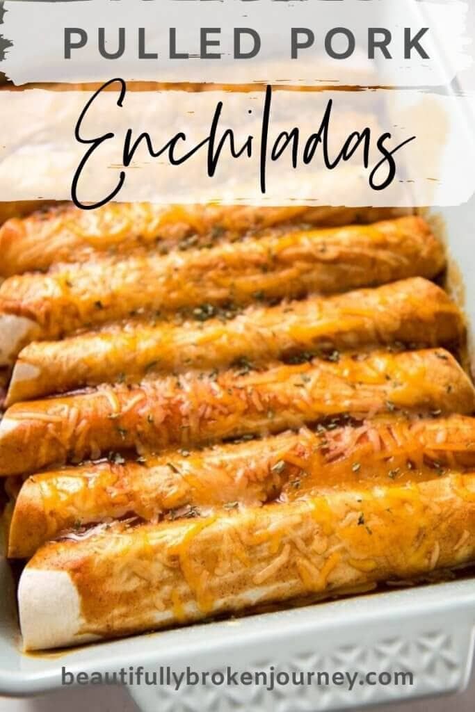 an enchiladas recipe in a casserole dish with text overlay