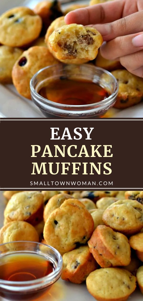 an easy pancake muffins recipe is shown with dipping sauce