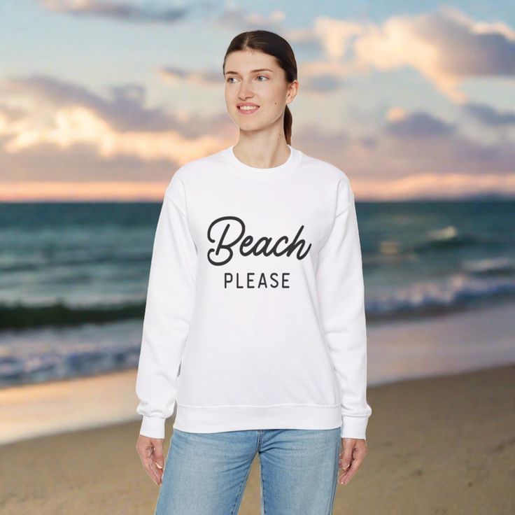 "BEACH please" sweatshirt – a perfect fusion of style and attitude that encapsulates the essence of seaside bliss! Elevate your casual wardrobe with this chic and sassy statement piece that effortlessly exudes laid-back vibes. Whether you're enjoying a coastal stroll, catching waves, or simply unwinding under the sun, this sweatshirt is designed to complement your beachy lifestyle. The versatile design seamlessly transitions from day to night, making it a must-have for every beach enthusiast's wardrobe. More than just a fashion statement, the "BEACH please" sweatshirt is a conversation starter – guaranteed to turn heads and elicit smiles wherever you go. Share your love for the beach and proudly declare your seaside state of mind to the world. S M L XL 2XL 3XL Width, in 20.00 22.01 24.00 2 Trendy Sweatshirt For Beach In Spring, Trendy Spring Beach Sweatshirt, Trendy Letter Print Sweatshirt For Beach, Trendy Crew Neck Sweater For Beach, Trendy Summer Leisure Sweatshirt, Trendy Cotton Sweater For Vacation, Beach Season Sweatshirt With Letter Print, Beach Season Long Sleeve Sweatshirt, Beach Long Sleeve Sweatshirt