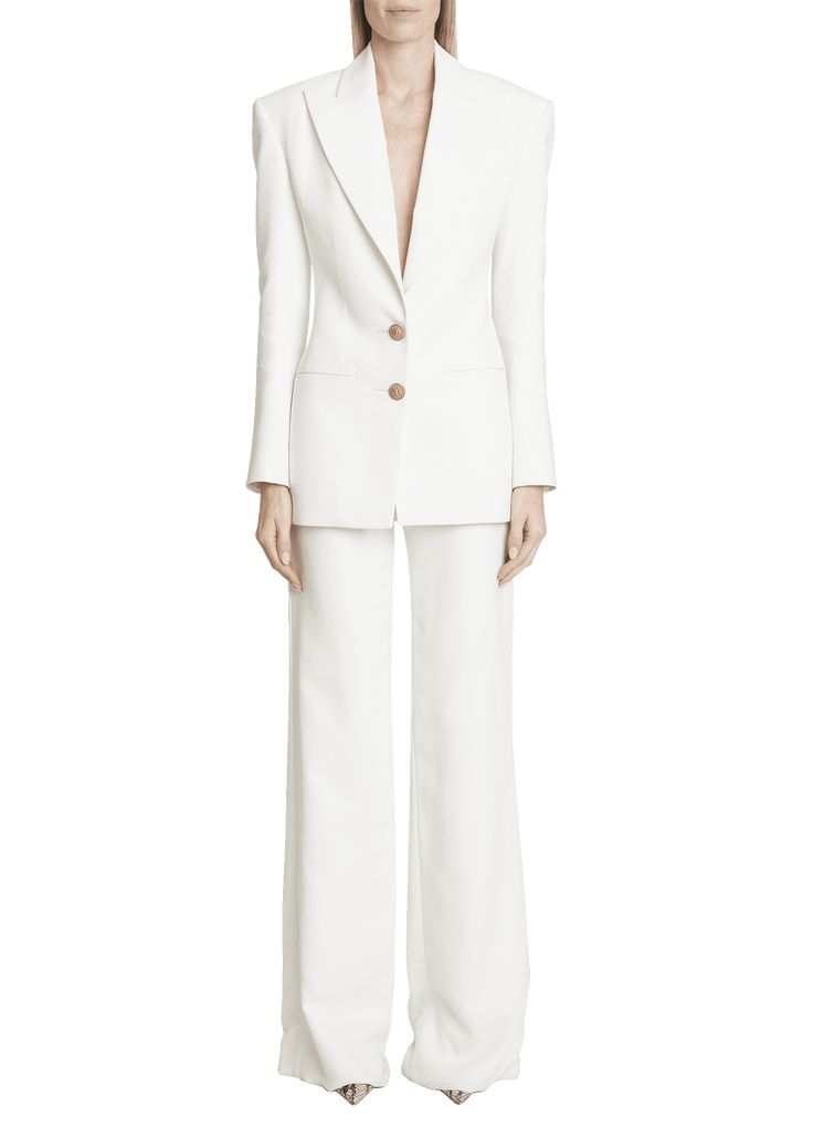 Find BALMAIN 2-button Crepe Fitted Blazer on Editorialist. Balmain crepe blazer Peak lapels; button front Long sleeves; button cuffs Chest welt pocket; hip welt pockets Fitted Viscose/cotton Imported Chic Formal Pantsuit With Button Closure, Formal Notch Lapel Pantsuit With Buttons, Formal Pantsuit With Suit Collar And Buttons, Elegant Formal Pantsuit With Buttons, Formal Pantsuit With Suit Collar, Elegant Fall Pantsuit With Buttons, Evening Suit With Notch Lapel And Buttons, Elegant Suit With Notch Lapel And Button Cuffs, Elegant Suits With Notch Lapel And Button Cuffs