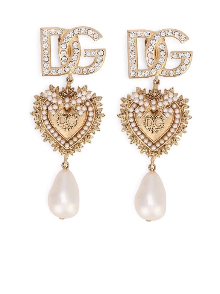 Dolce And Gabbana Earrings, Romantic Mood, Girl Things, Heart Logo, Earrings Pearl, Dolce E Gabbana, Crystal Embellishment, Gold Drop Earrings, Sacred Heart