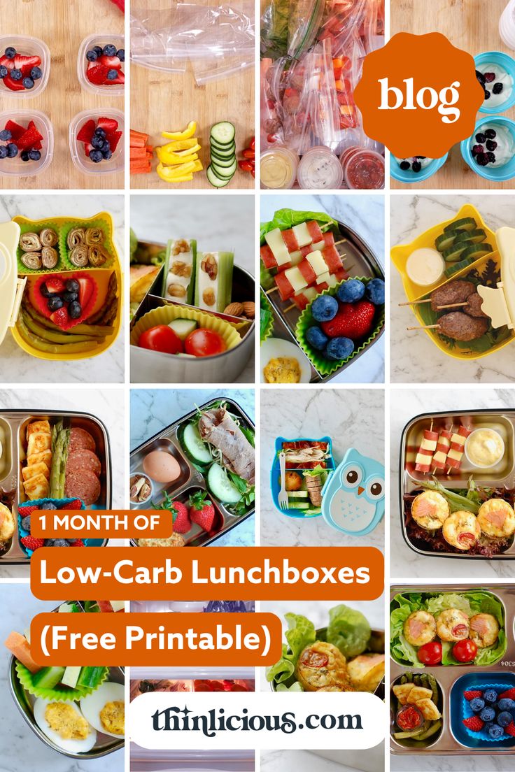 lunch boxes filled with different types of food and the words, month of low - carb lunchboxes free printable