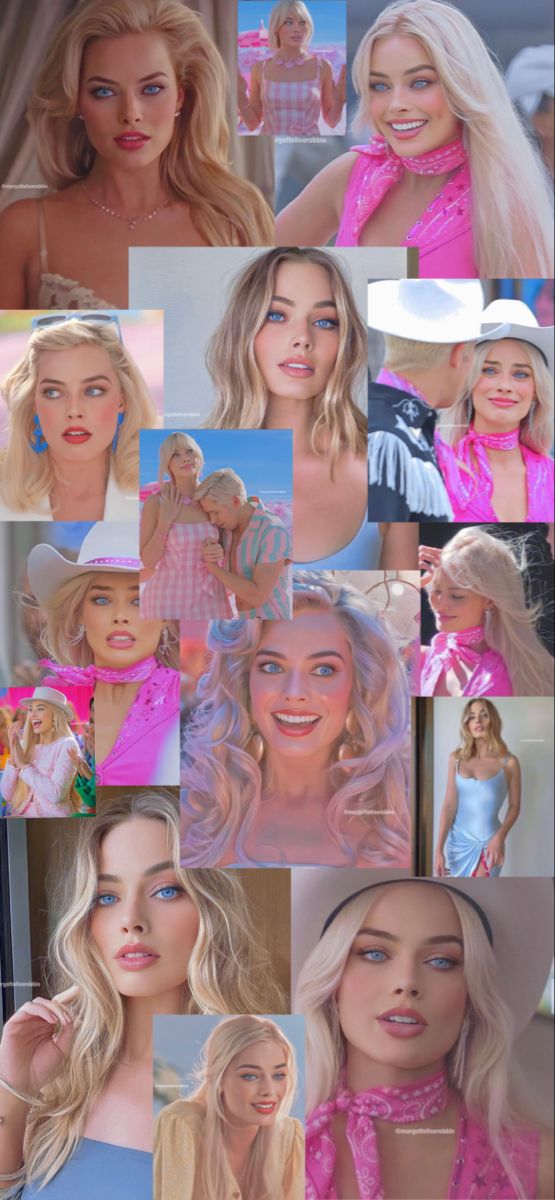 a collage of photos with blonde hair and blue eyes, in pink dress on white background