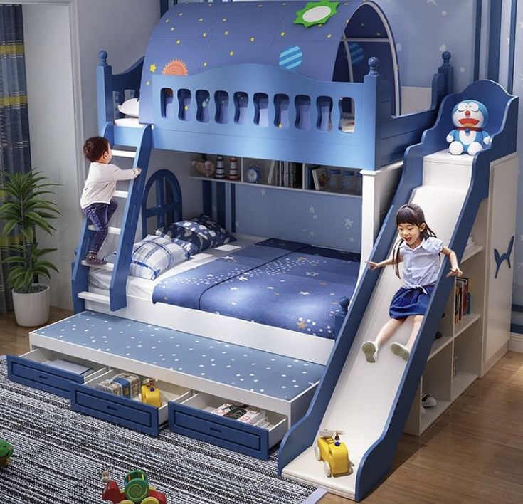 a child's bedroom with a blue bed and slide in the middle, while two children play on the other side