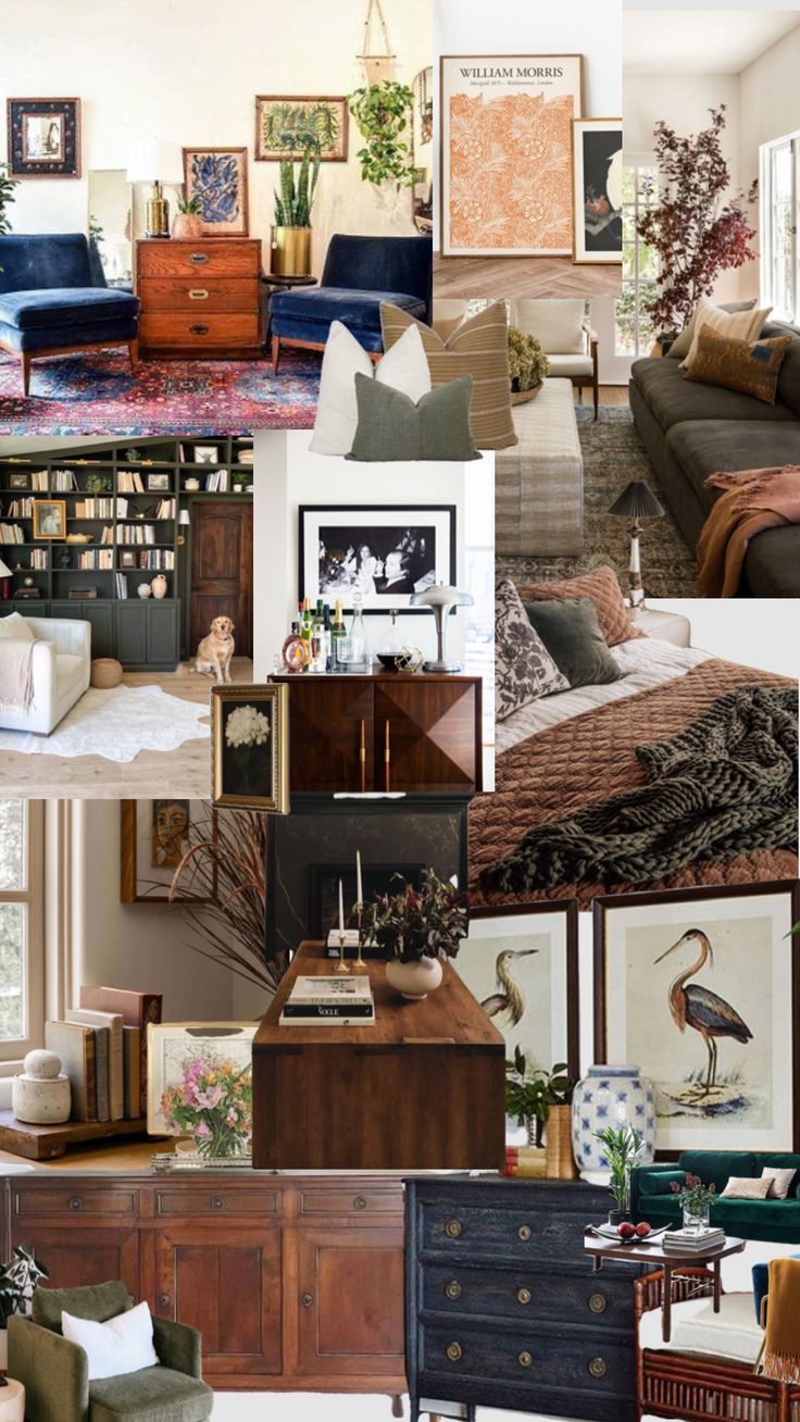 a collage of photos with furniture and decor