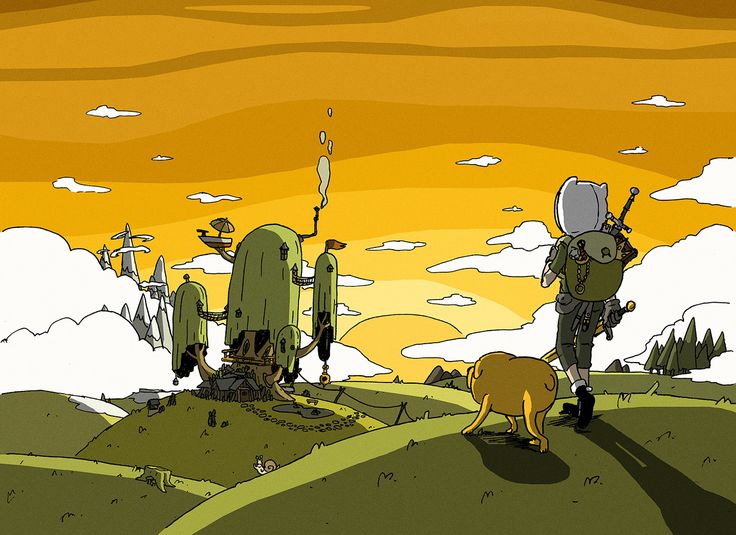 an animated scene with two people and a dog walking on a hill near some trees