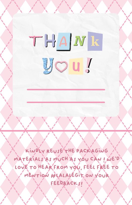 a thank card with the words thank you written in multicolored letters on a pink and white checkered background