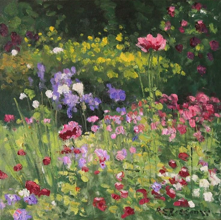 an oil painting of colorful flowers in a garden