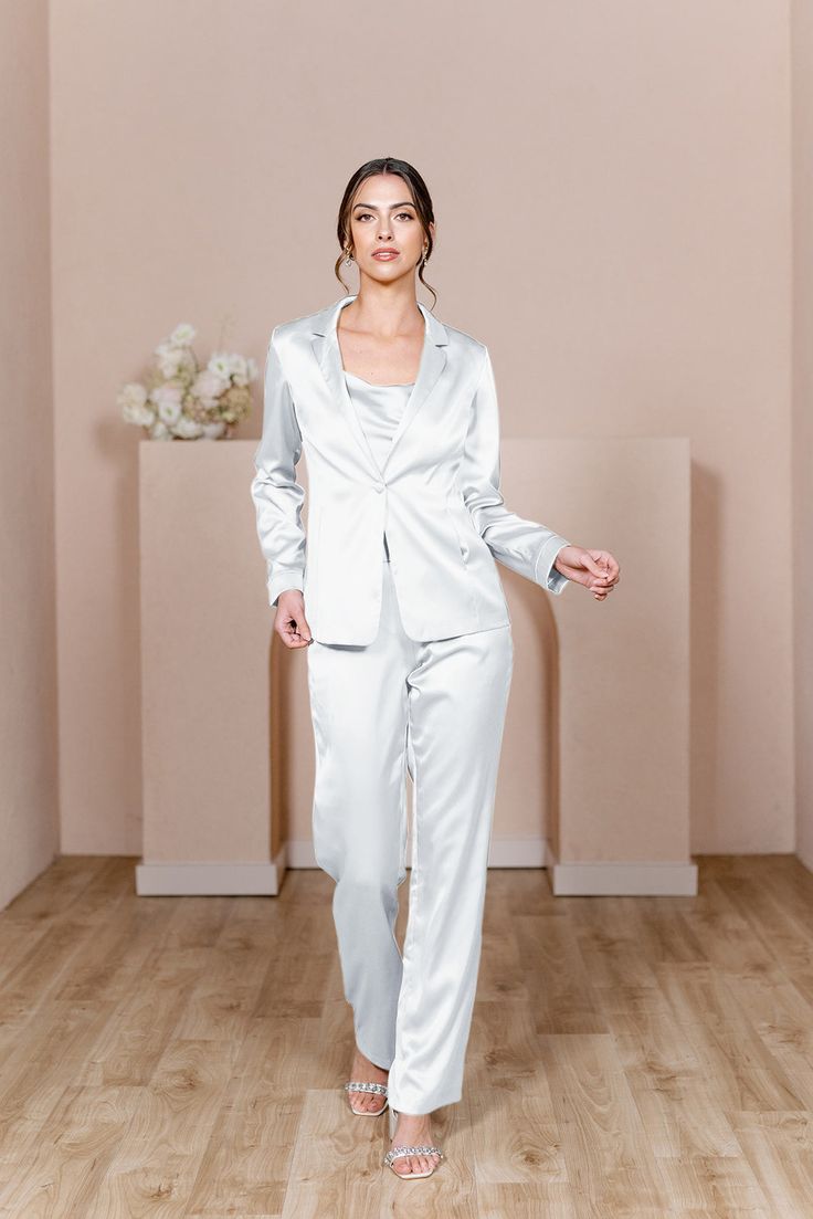 Model: Lindsey; Size: 4 Pants Silhouette, Jacket Silhouette, Wedding Parties Colors, Fitted Pants, Satin Jacket, Fitted Jacket, Bridesmaid Dress Colors, Satin Pants, Satin Jackets