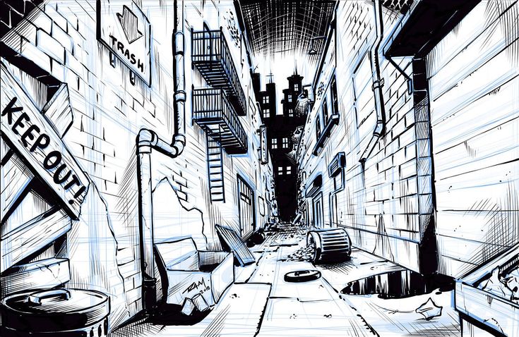 a drawing of an alleyway with stairs and signs