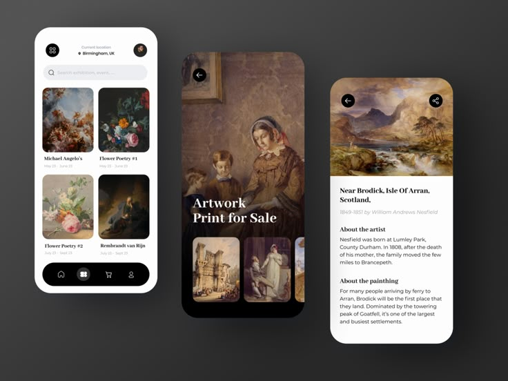 three iphones with different images on them, one showing artwork and the other displaying an image