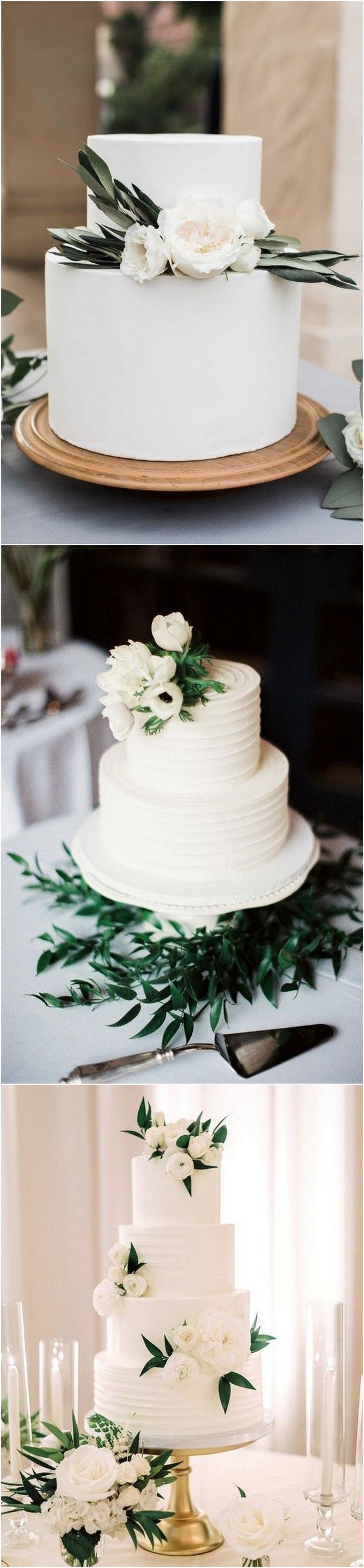 three different types of wedding cakes with flowers on top and bottom, all in white