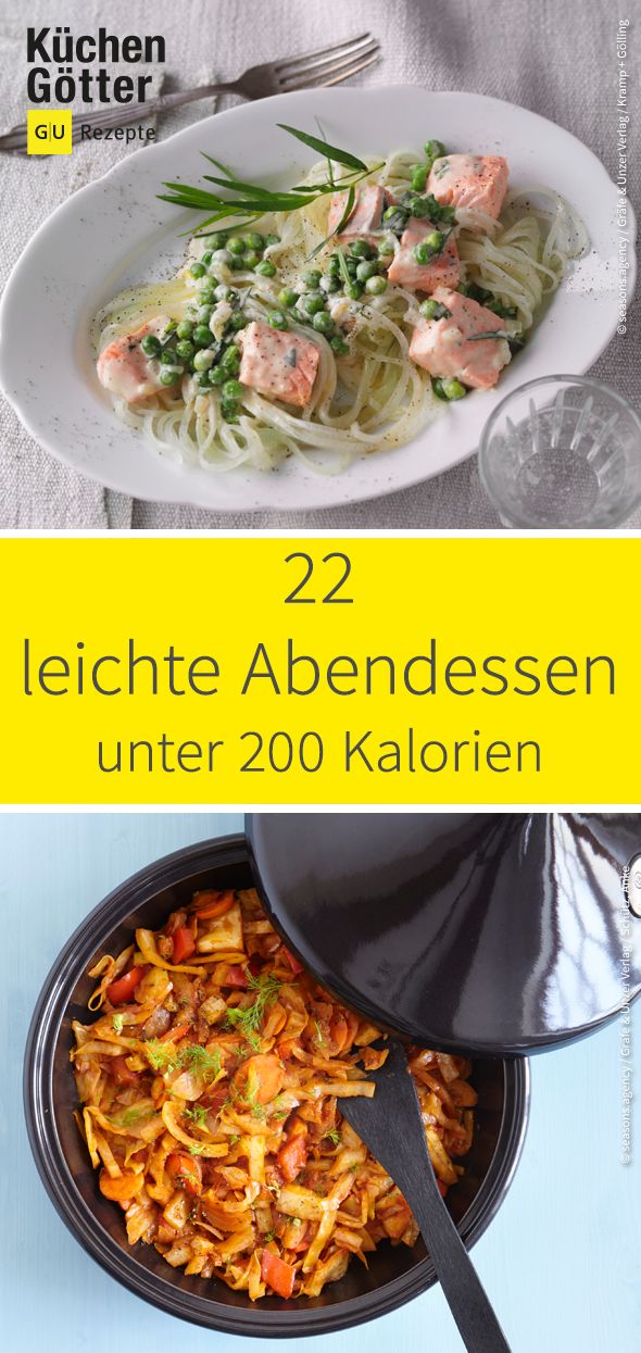 the cover of two different dishes with text overlay that reads, 22 leichte abnedessen under 200 kaloren