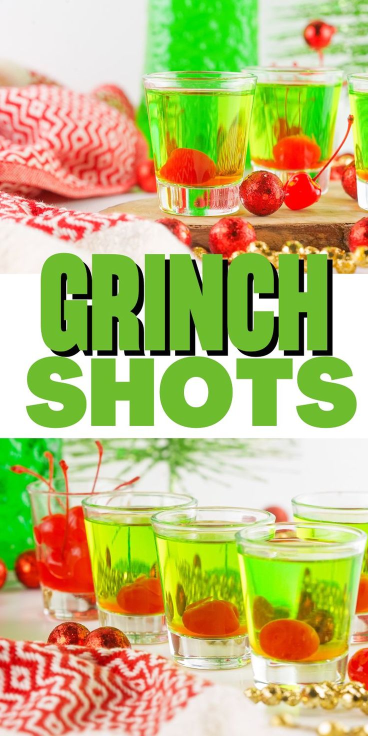 green shots with cherries and candy in them