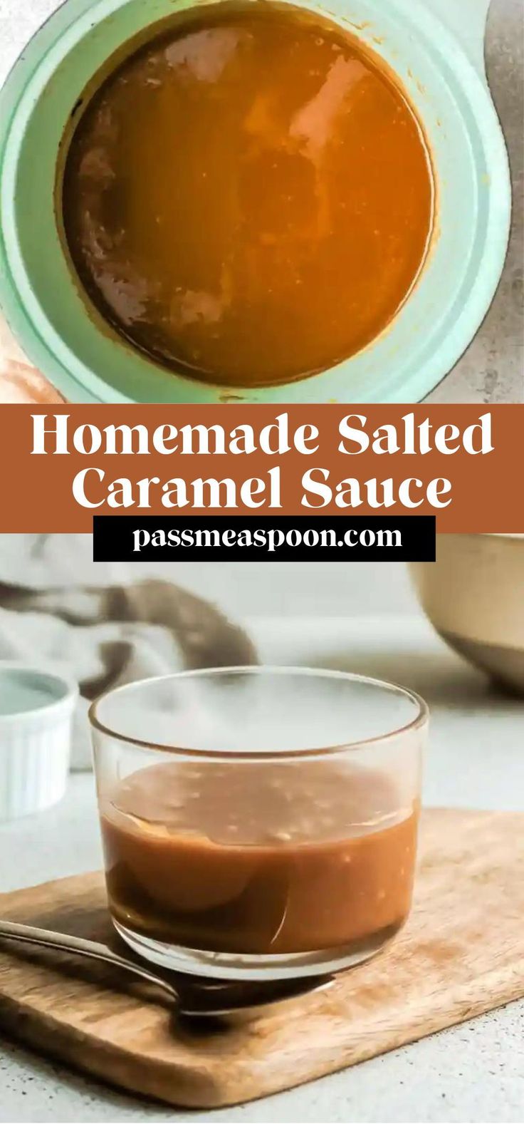 homemade salted caramel sauce in a bowl on a cutting board