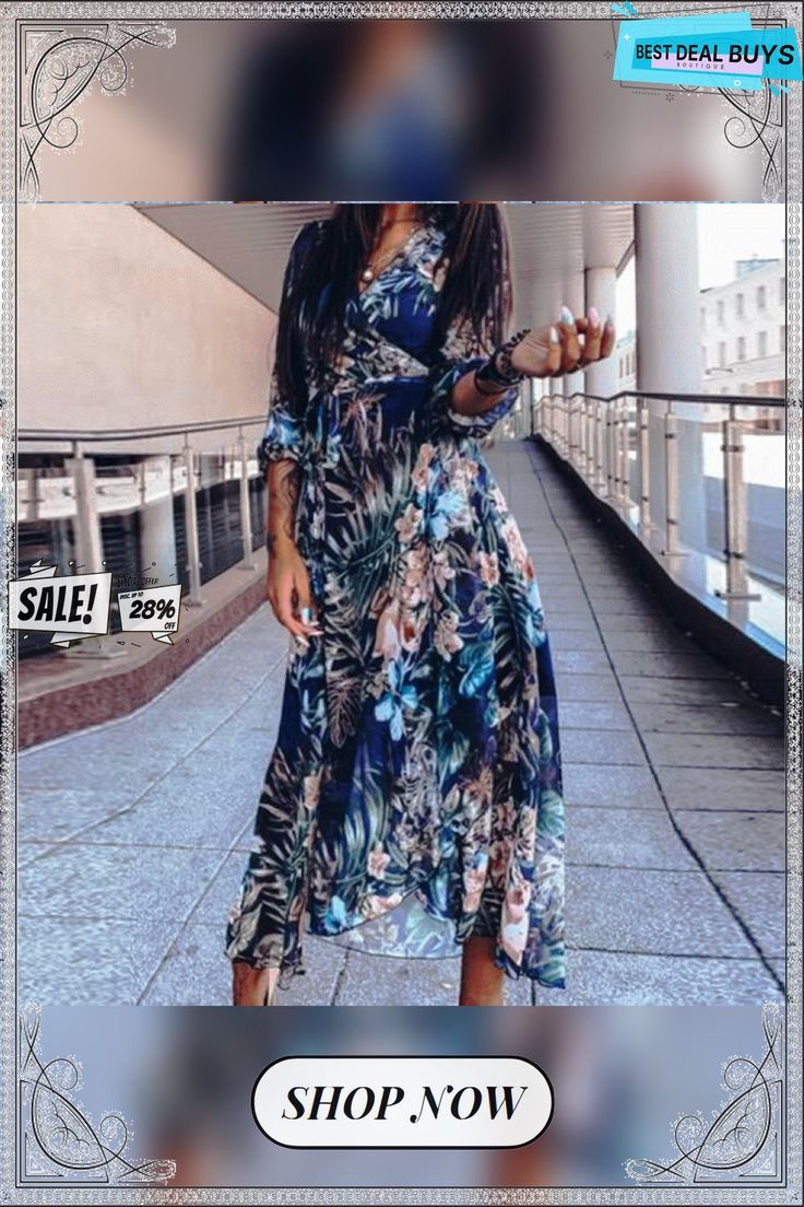 V-neck Floral Print Maxi Dress Chiffon V-neck Wrap Dress For Party, Chic Flowy V-neck Wrap Dress, Flowy V-neck Dress With Surplice Neckline For Day Out, Elegant V-neck Maxi Dress For Vacation, Flowy V-neck Summer Dress, Bohemian V-neck Wrap Dress For Brunch, Flowy V-neck Floral Dress For Party, Flowy V-neck Floral Dress For Fall, Blue V-neck Dress With Surplice Neckline For Summer