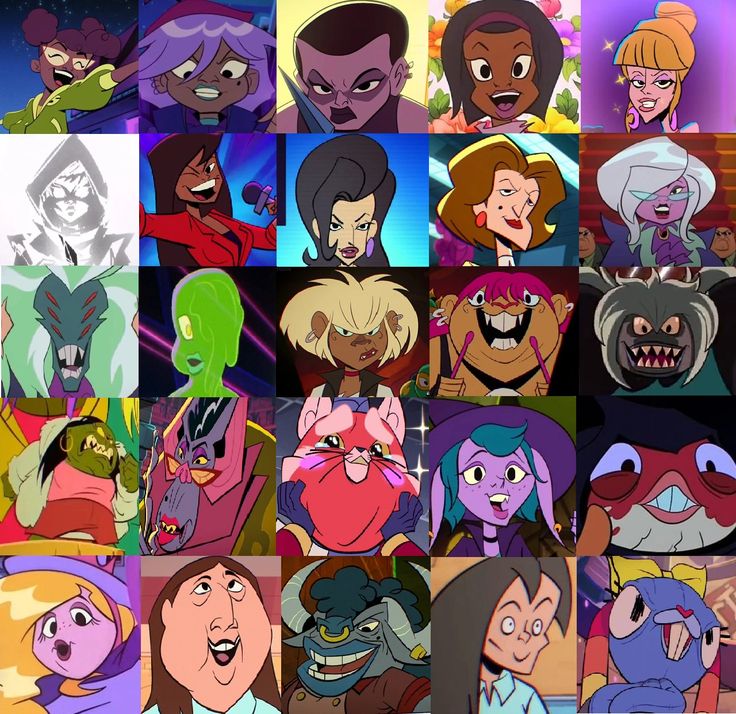 many different cartoon characters are shown together in this collage, including one with an evil face