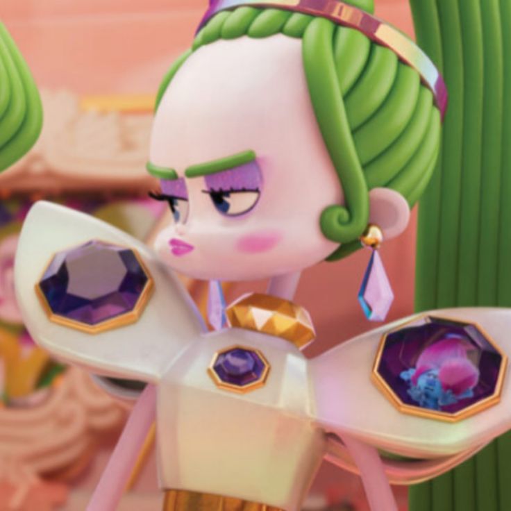 an animated character with green hair and purple eyes holding a white object in her hand