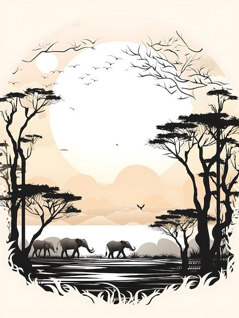 an image of elephants walking in the wild at sunset with trees and birds flying around