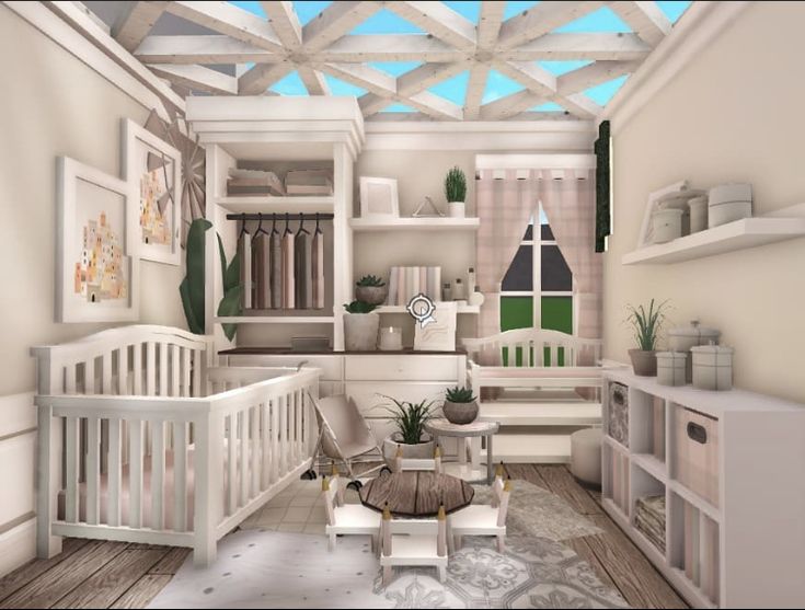 the room is decorated in white and has lots of shelves on either side of the crib