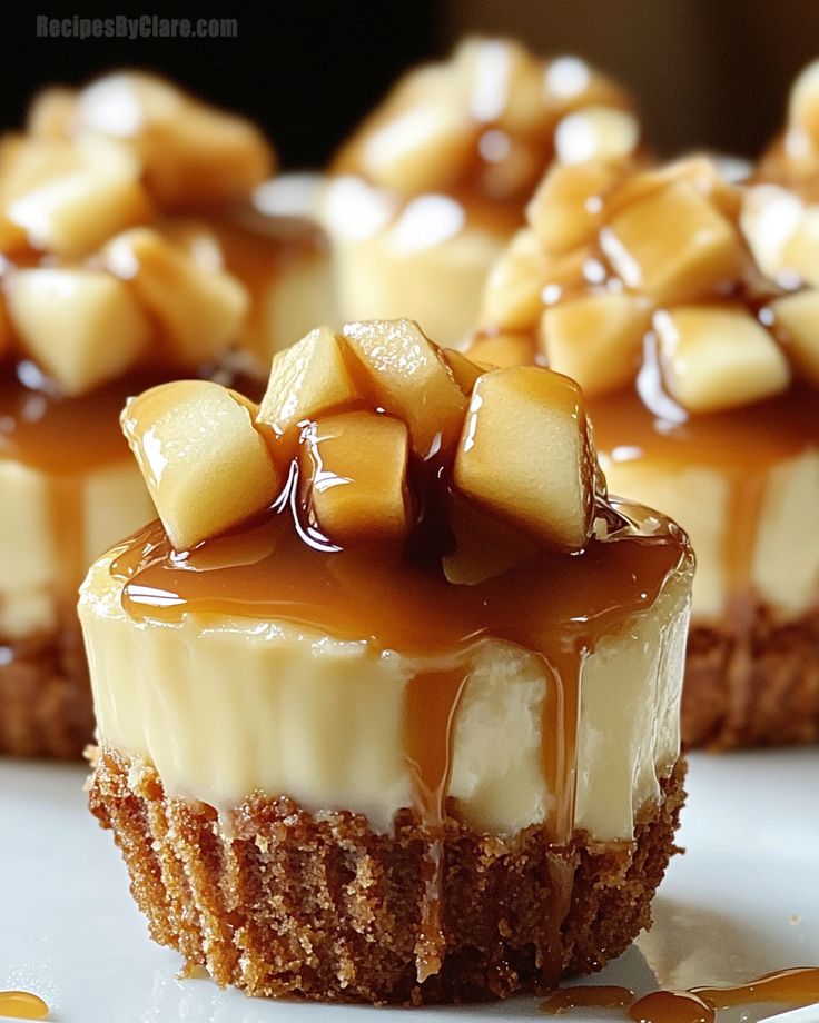 small desserts with caramel topping on a white plate