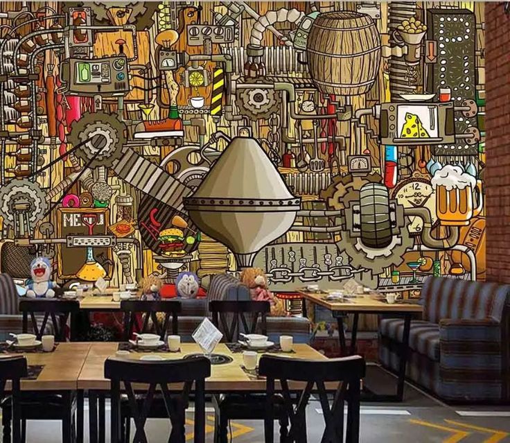 a restaurant with many tables and chairs in front of a large mural on the wall