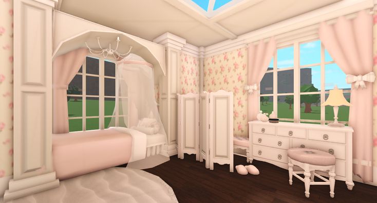 a bedroom with pink curtains and white furniture