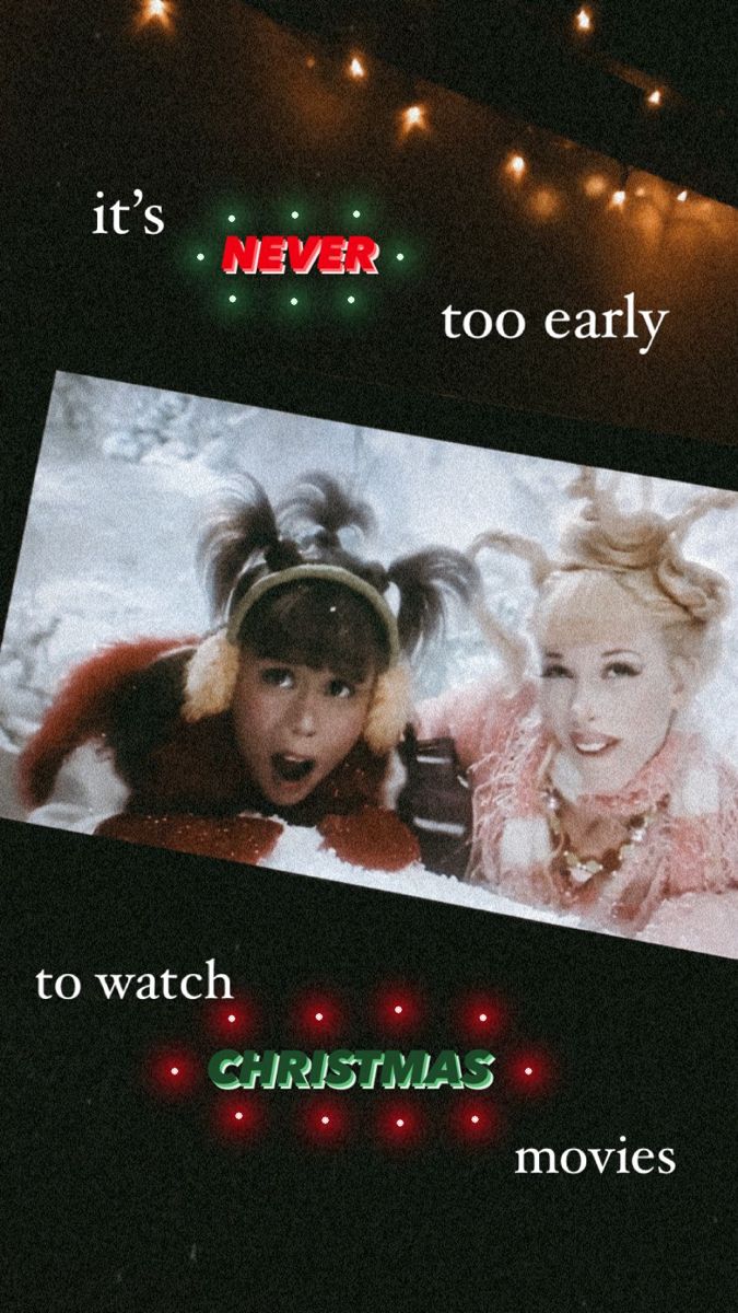 an advertisement for christmas movies with two women on the screen and lights in the background