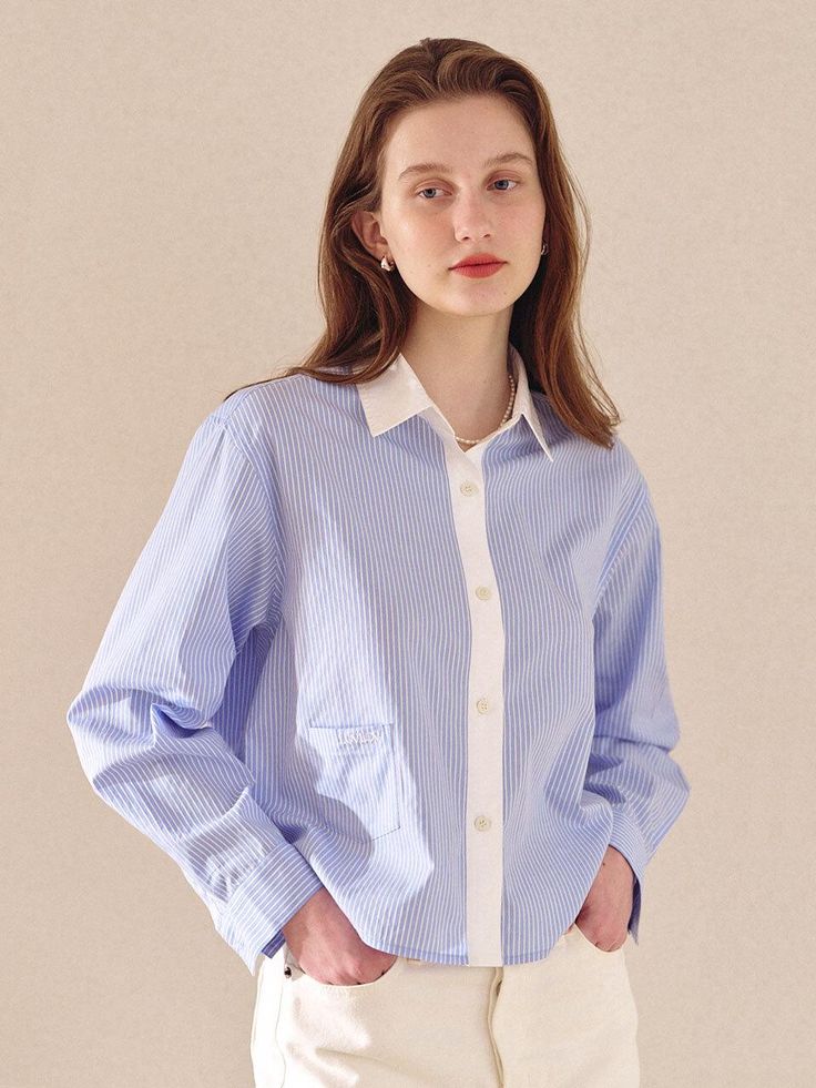 This is LOVLOV’s clean-styled shirt features a white contrast on the collar and cuffs, giving it a more formal and slim appearance. It showcases a unique design with pockets placed below the chest. Its slightly shorter length makes it versatile to pair with various bottoms.- Perfect for daily wear- Can be styled with different bottoms to create various looks- Front buttons for easy removal Classic Button-up Top With Contrast Collar, Classic Workwear Tops With Contrast Collar, Classic Tops With Contrast Collar For Work, Workwear Shirt With Contrast Collar, Workwear Shirt With Contrast Spread Collar, Workwear Tops With Contrast Spread Collar, Workwear Top With Contrast Collar, Collared Office Tops With Welt Pockets, Collared Tops With Welt Pockets For Office