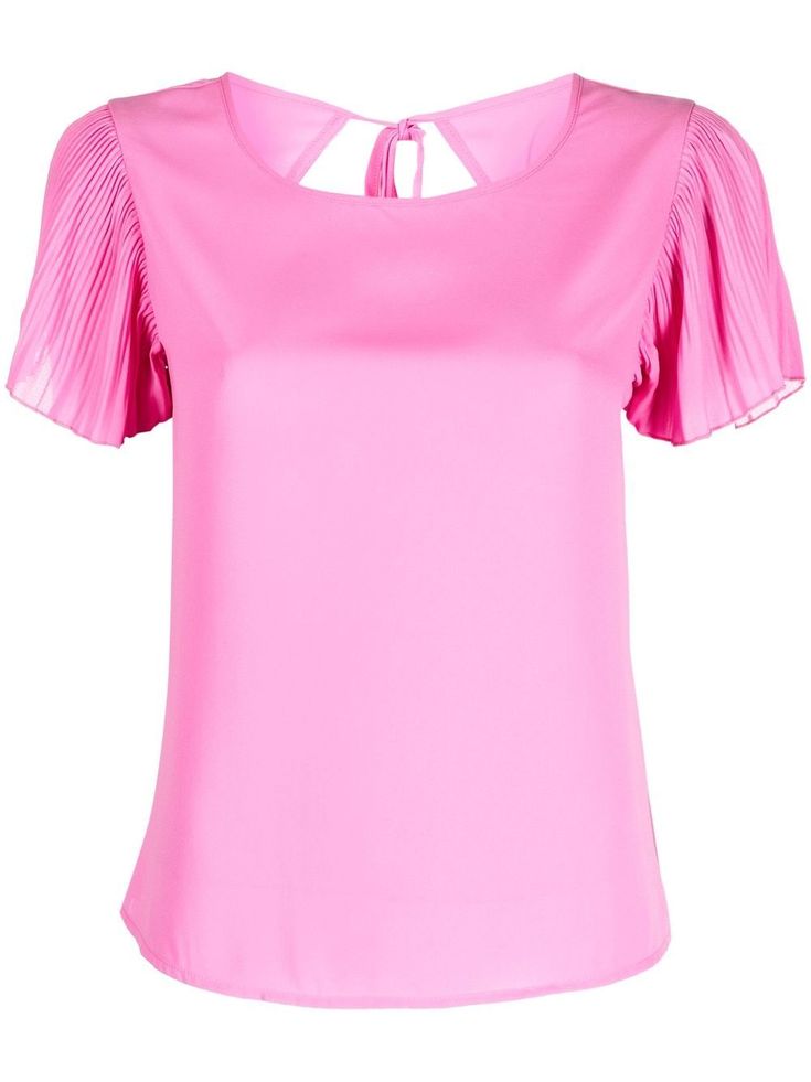 orchid pink plissé details rear tie fastening round neck short sleeves straight hem Pink Blouse, Liu Jo, Short Sleeve Blouse, Fashion Branding, Top Brands, Round Neck, Top Blouse, Short Sleeves, Womens Tops